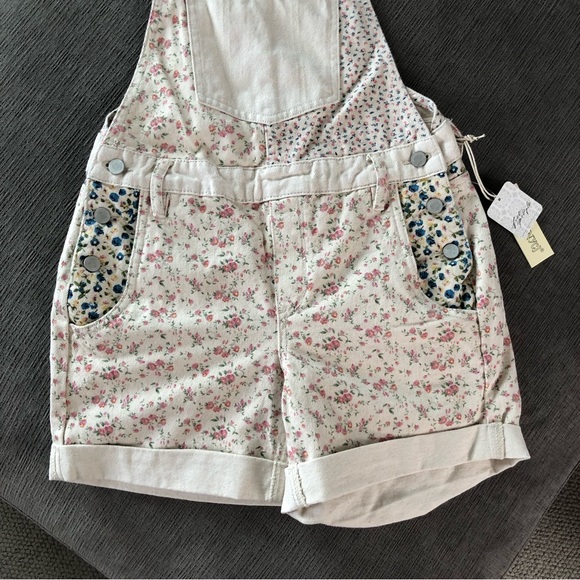 Free People Floral Print Overalls in Cream and Pink - Picture 3 of 10